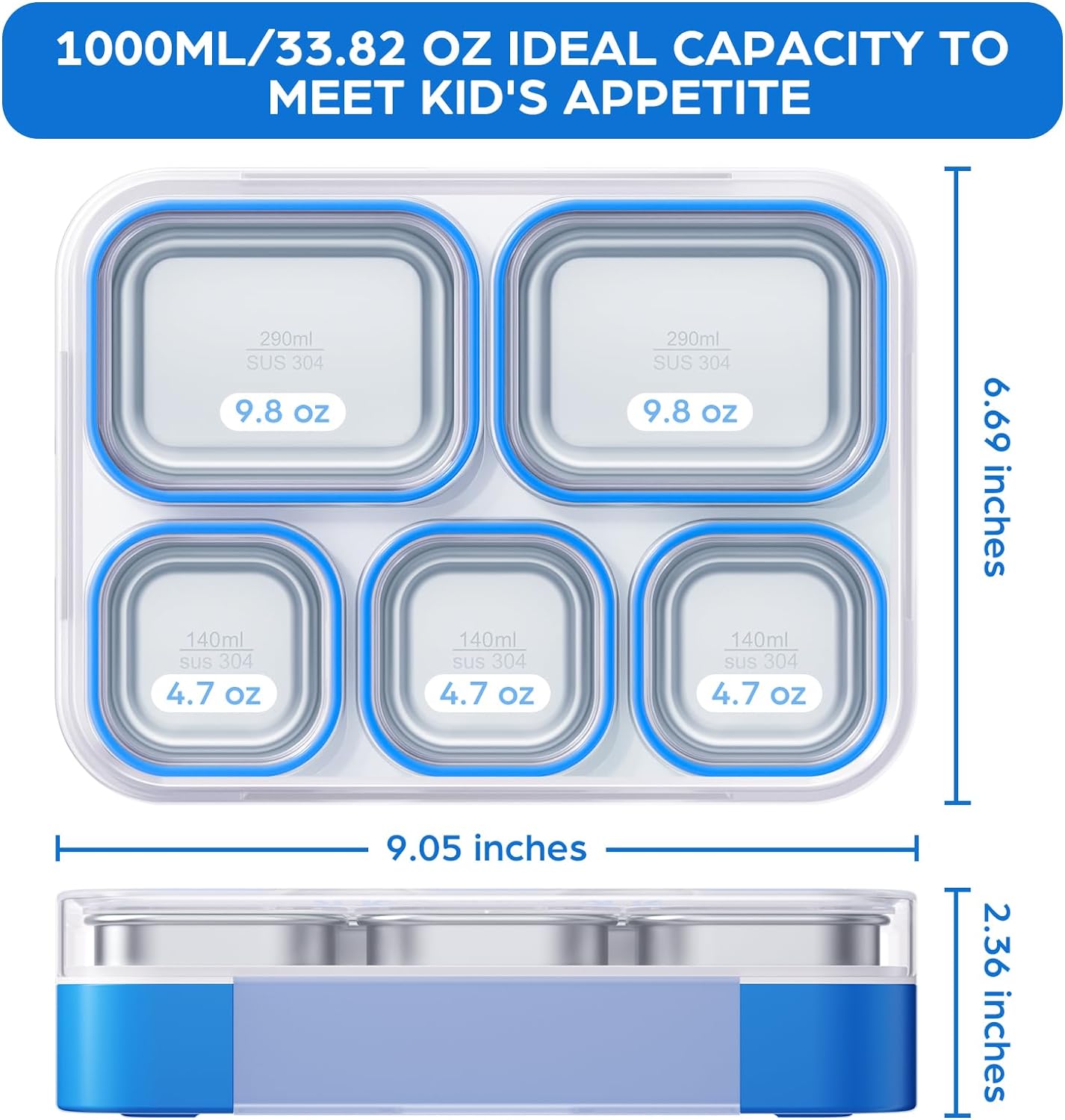 TIME4DEALS 5-Compartment Bento Box Kids Adult Lunch Box Leakproof Stainless Steel