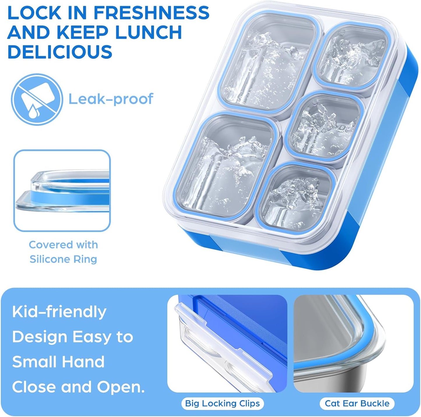 TIME4DEALS 5-Compartment Bento Box Kids Adult Lunch Box Leakproof Stainless Steel